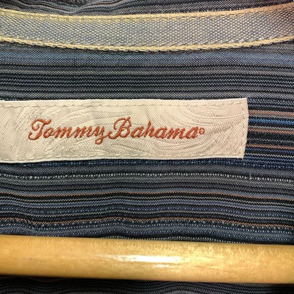Tommy Bahama Blue Gray Stripe Silk Short Sleeve Button Front Hawaiian Shirt L - Picture 4 of 11